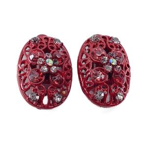 Red Enamel Cut Out Oval Earrings with Rhinestones